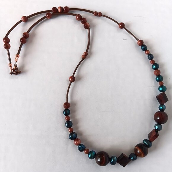 Hand Crafted Beaded Necklace With Blue Baroque Pearls & Brown Stone Beads NWT - Picture 11 of 16